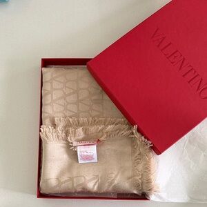 Valentino Beige Logo Fringe Shawl